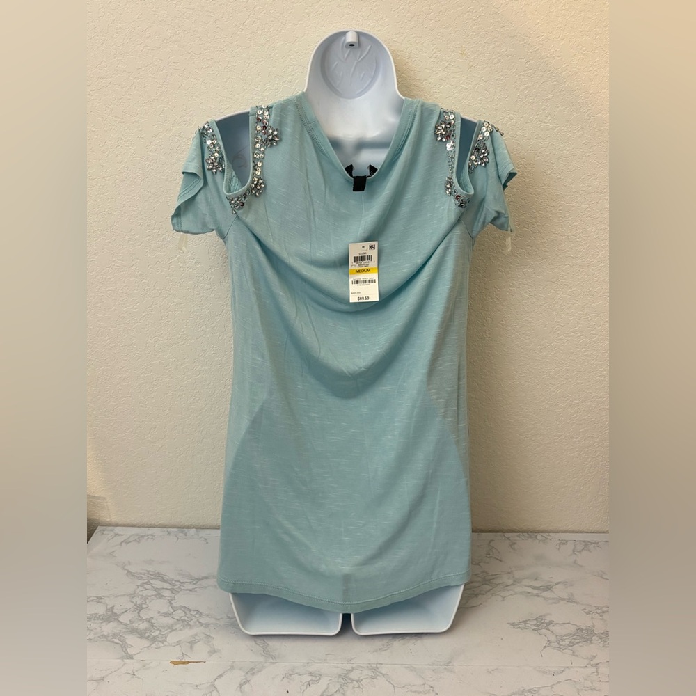 Inc International Concepts Cold Shoulder Top Women’s M Blue Dusk Sequin NWT - Picture 4 of 7